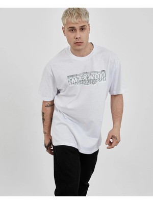 İsmiyle Al Bisiklet Yaka Baskılı Oversize T-Shirt - Beyaz