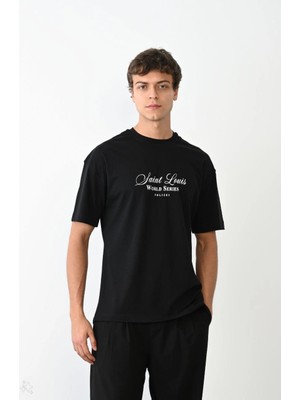 İsmiyle Al Bisiklet Yaka Baskılı Oversize T-Shirt - Siyah