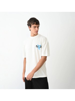 İsmiyle Al Bisiklet Yaka Baskılı Oversize T-Shirt - Beyaz