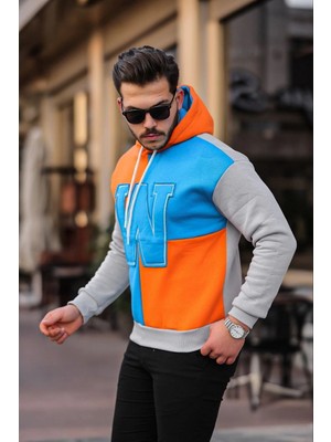 İsmiyle Al W Nakış Işlemeli Kapüşonlu Sweatshirt - Mavi