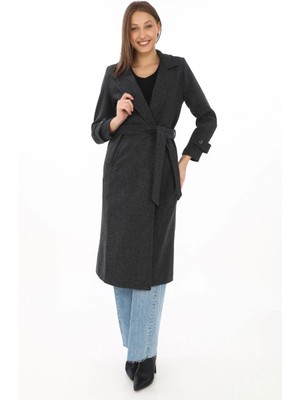 İsmiyle Al Astarlı Balık Sırtı Kaşmir Kaşe Kaban - Siyah