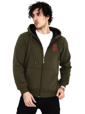 İsmiyle Al Baskılı Tam Fermuarlı Kapşonlu Sweatshirt - Haki