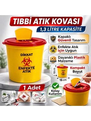 isiltikidsmoda Tıbbi Atık Kovası 1,3 Litre 1 Adet Kapaklı Tıbbi Atık Kutusu Enfekte Atık Kovası