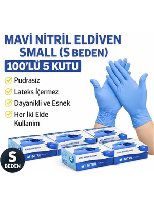 isiltikidsmoda Mavi Nitril Eldiven Small S Beden Pudrasız 100’LÜ 5 Kutu Tek Kullanımlık Muayene Eldiveni Lateksiz Koruyucu Eldiven Seti