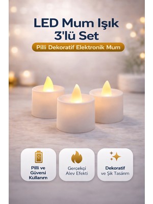 isiltikidsmoda LED Mum Işık 3’lü Set Pilli Dekoratif Elektronik Mum Flicker Alev Efektli 1 Paket