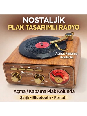 Mustran Goldkama Nostaljik Plak Tasarımlı Bluetooth Masa Radyosu Açma Kapama Plak Kolunda Şarjlı Portatif