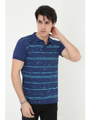 İsmiyle Al Yakalı Slim Fit Pike Çizgili T-Shirt - Mavi