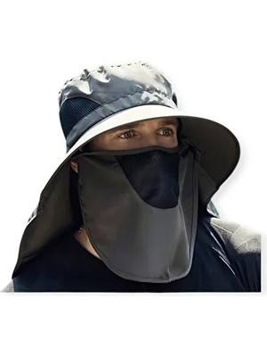 Mustran Güneş Koruyuculu Nefes Alabilen Maskeli Ve Boyun Kapaklı Geniş Kenarlı Balıkçı Şapkası Gri