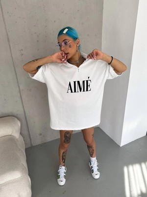 İsmiyle Al Yarım Fermuarlı Baskılı T-Shirt - Beyaz