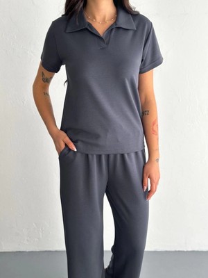 İsmiyle Al Osy Modal Yumuşak Dokulu Kumaş Kısa Kollu Yakalı T-Shirt Pantalon Ikili Takım- Antrasit