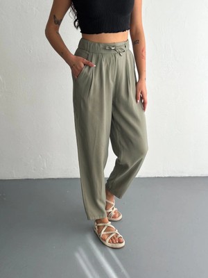 İsmiyle Al Yüksel Bel Beli Bağcıklı Cepli Rahat Paça Pantalon - Su Yeşili