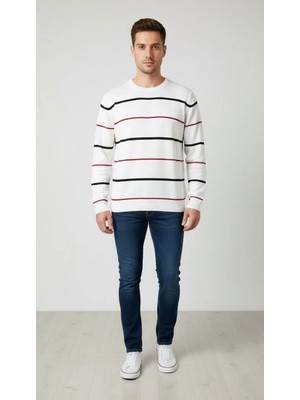 İsmiyle Al Bisiklet Yaka Cizgili Triko Kazak Yumuşak Dokulu Pamuklu Ince Dokuma, Uzun Kollu Rahat Regular Kal�