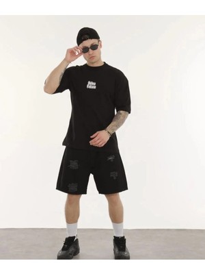 İsmiyle Al Bisiklet Yaka Baskılı Oversize T-Shirt - Siyah