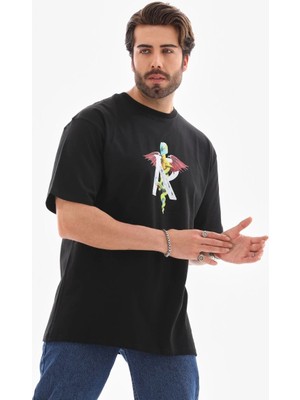 İsmiyle Al Bisiklet Yaka Baskılı Oversize T-Shirt - Siyah