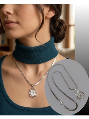 925 Ayar Gümüş Meryem Ana Madalyon Balık Sırtı Kalın Italyan Ezme Zincir Kadın Kolye