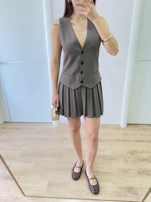 İsmiyle Al Keten Takım Görünümlü Düğme Detaylı Yelekli Mini Elbise - Füme