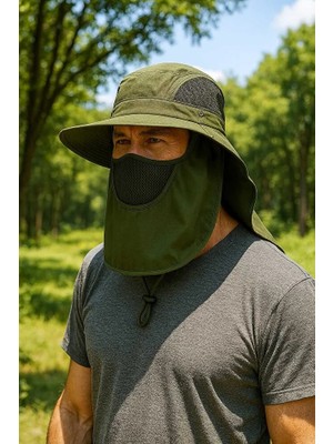 Mustran Güneş Koruyuculu Nefes Alabilen Maskeli Ve Boyun Kapaklı Geniş Kenarlı Balıkçı Şapkası Gri
