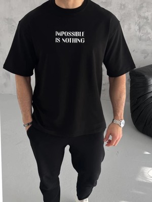İsmiyle Al Bisiklet Yaka Baskılı Oversize T-Shirt - Siyah