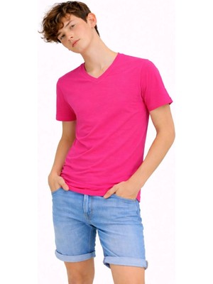 İsmiyle Al Genç Erkek Çocuk V Yaka Tişört Model - Pembe