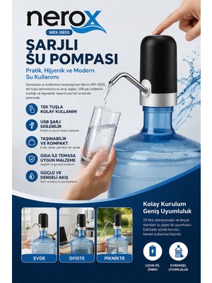 isiltikidsmoda Nerox Şarjlı Su Pompası NRX-0855 USB Şarjlı Damacana Su Pompası Otomatik Su Sebili Aparatı