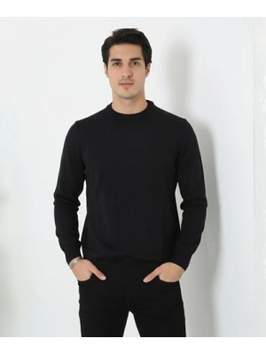 İsmiyle Al Bisiklet Yaka Triko Kazak Yumuşak Dokulu Pamuklu Ince Dokuma, Uzun Kollu Rahat Regular Kalıp - Siy