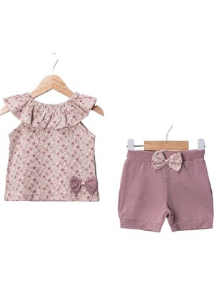 Efemkids 9/24 Ay Kız Şortlu Bebek Takım Fiyonk Detaylı Yenidoğan Bebek Takım