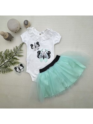 Diji Baby 9-12-18 Ay Payetli Kelebek Nakışlı Taçlı Kısa Kollu Tütü Etek 3lü Kız Bebek Takımı