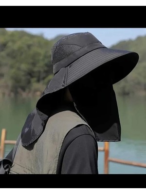 WOHOME Güneş Koruyuculu Nefes Alabilen Maskeli Ve Boyun Kapaklı Geniş Kenarlı Balıkçı Şapkası Gri