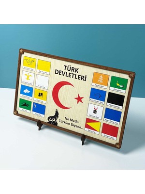 Hediyehanesi 16 Türk Devleti Bayrakları Masaüstü Tablo Seti - Uv Baskılı 3mm Mdf - El Işçiliği - 34CMX20CM