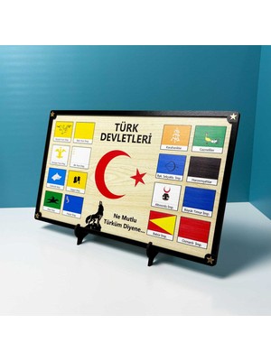 Hediyehanesi 16 Türk Devleti Bayrakları Masaüstü Tablo Seti - Uv Baskılı 3mm Mdf - El Işçiliği - 34CMX20CM