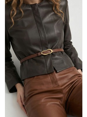 Milleniva Soyut Elips Gold Tokalı Kahverengi Kadın Bel Kemeri