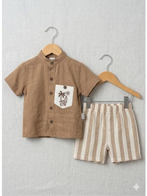 Efemkids 6/24 Ay Muslin Erkek Alt Üst Bebek Takım Gömlek+Şort Yenidoğan Bebek Takımı