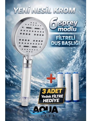 Aqua Sara 6 Fonksiyonlu Filtreli Duş Başlığı Krom Renk (3ADET Yedek Filtre)| Su Arıtmalı, Klor ve Kireç Önleyici, Yüksek Basınçlı
