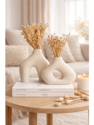 Erose Official Minimalist Dekoratif Vazo Seti 2’li – Modern Bohem Pampas Çiçeklik – Salon & Ev Dekoru