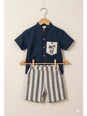 Efemkids 6/24 Ay Muslin Erkek Alt Üst Bebek Takım Gömlek+Şort Yenidoğan Bebek Takımı