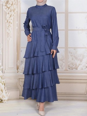 Modamorfo Eteği Katlı Tensel Kot Kemerli Elbise -Indigo