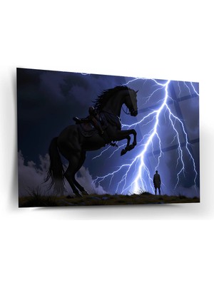 Shiny Art Yıldırımlı Siyah At Cam Tablo - MOD140