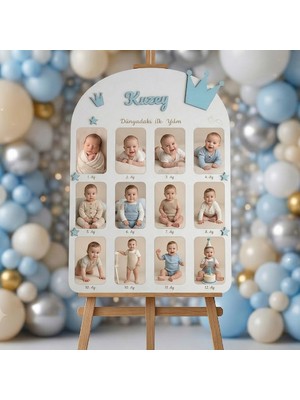 Gralanda 12 Ay Bebek Anı Fotoğraf Tablosu Mavi Kral Taçlı Ahşap Isme Özel 1 Yaş Doğum Günü Panosu, Süsü Dünyada Ilk Yılım