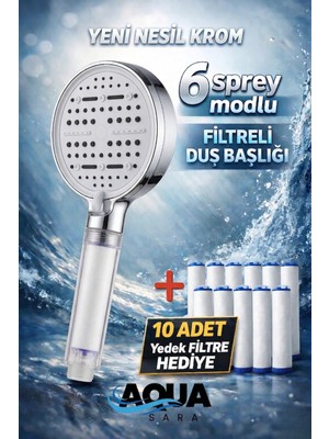 Aqua Sara 6 Fonksiyonlu Filtreli Duş Başlığı Krom Renk (10ADET Yedek Filtre)| Su Arıtmalı, Klor ve Kireç Önleyici, Yüksek Basınçlı