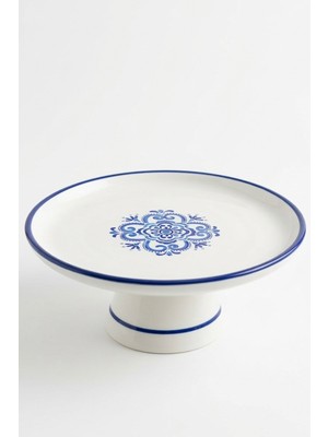 Evcime Ayaklı Seramik Sunum Tabağı & Pasta Standı - Etnik Desenli - 18 cm - Mavi Beyaz