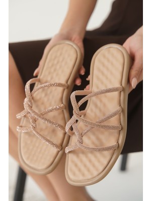 Alfaze Nude Deri Taşlı Zarif Yazlık Terlik