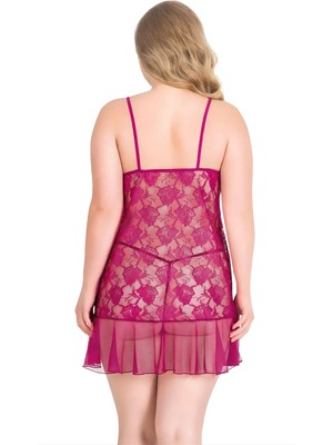 Pileli Store Büyük Beden Vişne Tül Mini Gecelik Zarif Kadın Gece Elbisesi