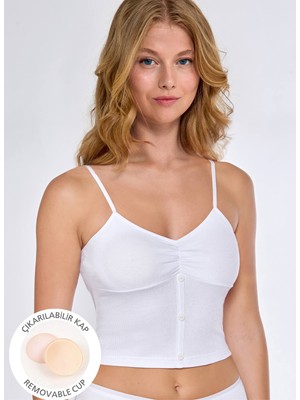 Gawzera Berrak Ip Askılı %100 Pamuk Fitilli Kumaş Düğme Detaylı Pedli Crop Atlet