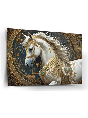 Shiny Art Altın Detaylı Beyaz At Cam Tablo - MOD141