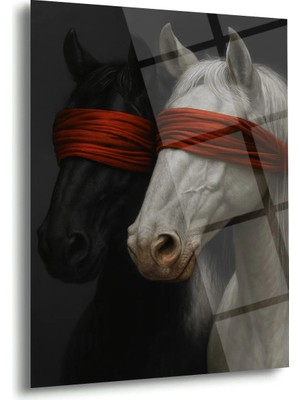 Shiny Art Kırmızı Bantlı Siyah Beyaz At Cam Tablo - MOD142