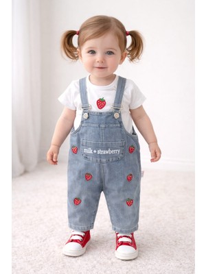 Minilkabebe Çilek Nakışlı Denim Kız Salopet & Body 6-24 Ay