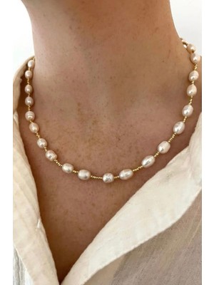 Taşmir Sertifikalı Altın Kaplama Dorika Detaylı Gerçek Arpa Inci Kolye