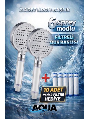 Aqua Sara 2 Adet 6 Fonksiyonlu Filtreli Duş Başlığı Krom Renk (10ADET Yedek Filtre)| Su Arıtmalı, Klor ve Kireç Önleyici, Yüksek Basınçlı