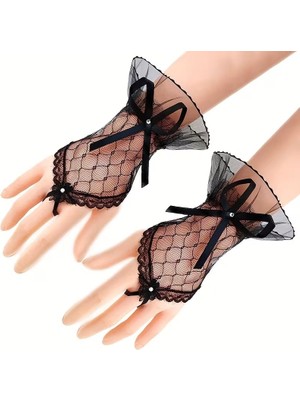 Pileli Store Siyah Dantel Fiyonklu Parmak Halkalı Kadın Eldiveni