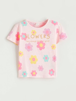 LC Waikiki Pembe Çiçek Baskılı Kız Çocuk Penye Tişört